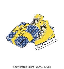 Gift box with a bow. Figure skating skates. The illustration is yellow-blue, polka dot packaging. Flat design on a white background. Vector illustration isolated on a white background.