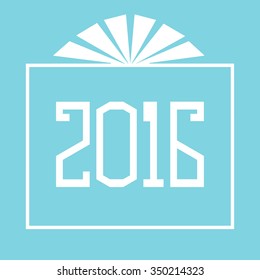 Gift box with a bow. Flat symbol with inscription "2016". New Year celebration design element. Vector illustration. 