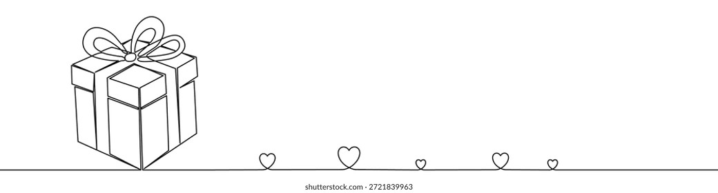 Gift box with a bow and a group of hearts in continuous line style. One line drawing for love and present concept. Vector illustration with editable stroke.