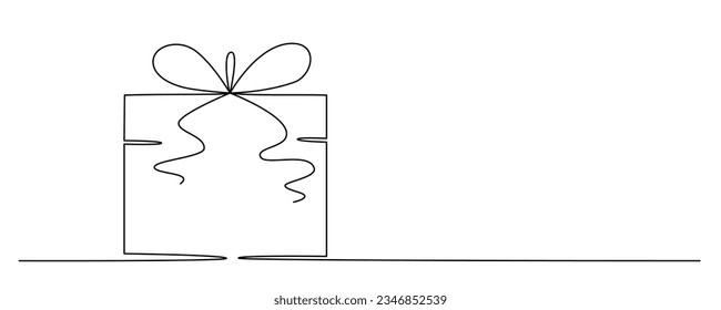 Caja de regalo con la mano de arco dibujando una sola línea. Ilustración de material vectorial aislada en el fondo para la plantilla de diseño Banner de Navidad, boda o cumpleaños, invitación, tarjeta de saludo. Trazo editable.