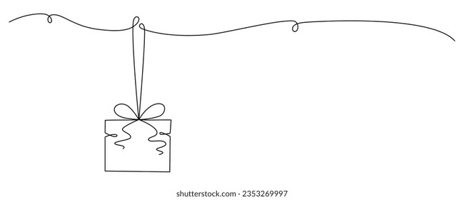 Gift box with bow hand drawing single line. Vector stock illustration isolated on background for design template Christmas, wedding or birthday banner, invitation, greeting card. Editable stroke.