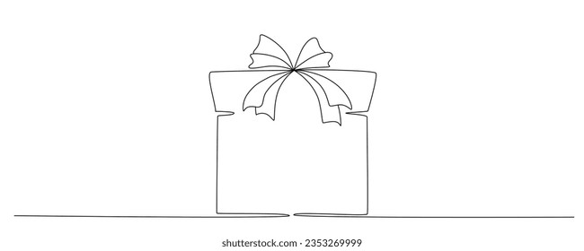 Gift box with bow hand drawing single line. Vector stock illustration isolated on background for design template Christmas, wedding or birthday banner, invitation, greeting card. Editable stroke.