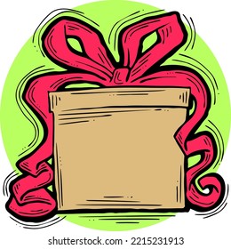 Caja de regalo con arco, ilustración dibujada a mano. Dibujo vectorial de estilo de dibujos animados. Elemento decorativo para la impresión de afiches, fiesta de Navidad, cumpleaños, celebración de bodas, evento de aniversario, descuento de venta.