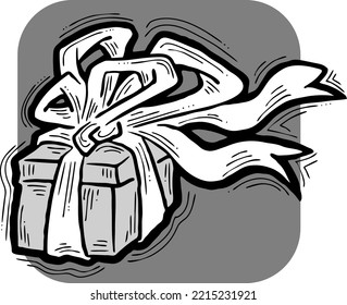 Geschenkbox mit Schleife, handgezeichnet Illustration. Cartoon-artige Vektorgrafik. Dekorative Elemente für Plakatdruck, Weihnachtsfeier, Geburtstag, Hochzeitsfeier, Jubiläumsveranstaltung, Sale-Rabatt.