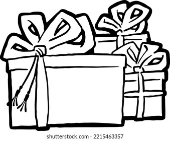 Gift box with bow, hand drawn illustration. Cartoon style vector drawing. Decorative element for poster print, Christmas party, birthday, wedding celebration, anniversary event, sale discount.