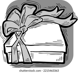 Caja de regalo con arco, ilustración dibujada a mano. Dibujo vectorial de estilo de dibujos animados. Elemento decorativo para la impresión de afiches, fiesta de Navidad, cumpleaños, celebración de bodas, evento de aniversario, descuento de venta.