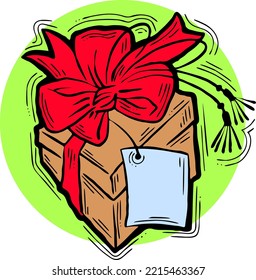 Gift box with bow, hand drawn illustration. Cartoon style vector drawing. Decorative element for poster print, Christmas party, birthday, wedding celebration, anniversary event, sale discount.