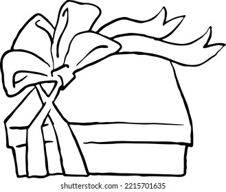 Gift box with bow, hand drawn illustration. Cartoon style vector drawing. Decorative element for poster print, Christmas party, birthday, wedding celebration, anniversary event, sale discount.