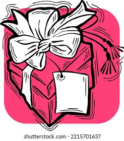 Gift box with bow, hand drawn illustration. Cartoon style vector drawing. Decorative element for poster print, Christmas party, birthday, wedding celebration, anniversary event, sale discount.