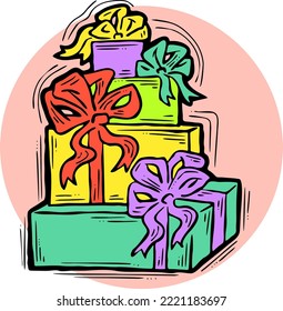Gift box with bow, hand drawn illustration. Cartoon style vector drawing. Decorative element for poster print, Christmas party, birthday, wedding celebration, anniversary event, sale discount.