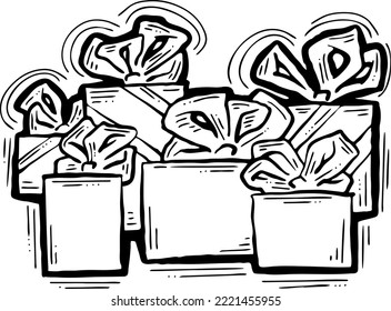 Gift box with bow, hand drawn illustration. Cartoon style vector drawing. Decorative element for poster print, Christmas party, birthday, wedding celebration, anniversary event, sale discount.
