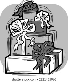Gift box with bow, hand drawn illustration. Cartoon style vector drawing. Decorative element for poster print, Christmas party, birthday, wedding celebration, anniversary event, sale discount.