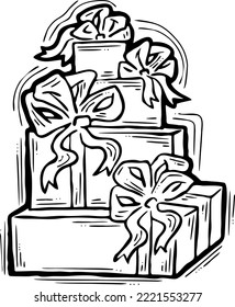 Gift box with bow, hand drawn illustration. Cartoon style vector drawing. Decorative element for poster print, Christmas party, birthday, wedding celebration, anniversary event, sale discount.