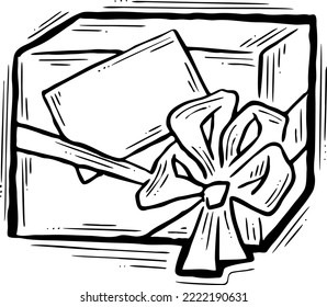 Gift box with bow, hand drawn illustration. Cartoon style vector drawing. Decorative element for poster print, Christmas party, birthday, wedding celebration, anniversary event, sale discount.