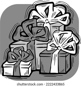 Gift box with bow, hand drawn illustration. Cartoon style vector drawing. Decorative element for poster print, Christmas party, birthday, wedding celebration, anniversary event, sale discount.