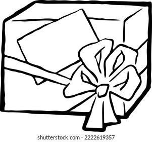 Gift box with bow, hand drawn illustration. Cartoon style vector drawing. Decorative element for poster print, Christmas party, birthday, wedding celebration, anniversary event, sale discount.