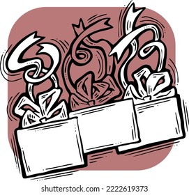Geschenkbox mit Schleife, handgezeichnet Illustration. Cartoon-artige Vektorgrafik. Dekorative Elemente für Plakatdruck, Weihnachtsfeier, Geburtstag, Hochzeitsfeier, Jubiläumsveranstaltung, Sale-Rabatt.
