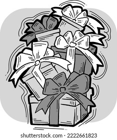 Gift box with bow, hand drawn illustration. Cartoon style vector drawing. Decorative element for poster print, Christmas party, birthday, wedding celebration, anniversary event, sale discount.