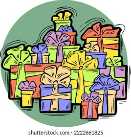 Gift box with bow, hand drawn illustration. Cartoon style vector drawing. Decorative element for poster print, Christmas party, birthday, wedding celebration, anniversary event, sale discount.