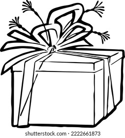 Gift box with bow, hand drawn illustration. Cartoon style vector drawing. Decorative element for poster print, Christmas party, birthday, wedding celebration, anniversary event, sale discount.