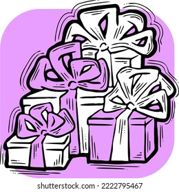 Gift box with bow, hand drawn illustration. Cartoon style vector drawing. Decorative element for poster print, Christmas party, birthday, wedding celebration, anniversary event, sale discount.