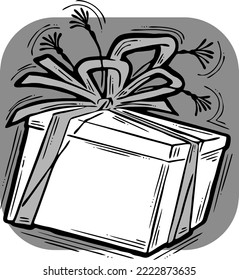 Gift box with bow, hand drawn illustration. Cartoon style vector drawing. Decorative element for poster print, Christmas party, birthday, wedding celebration, anniversary event, sale discount.