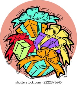 Geschenkbox mit Schleife, handgezeichnet Illustration. Cartoon-artige Vektorgrafik. Dekorative Elemente für Plakatdruck, Weihnachtsfeier, Geburtstag, Hochzeitsfeier, Jubiläumsveranstaltung, Sale-Rabatt.