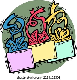 Gift box with bow, hand drawn illustration. Cartoon style vector drawing. Decorative element for poster print, Christmas party, birthday, wedding celebration, anniversary event, sale discount.