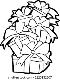 Gift box with bow, hand drawn illustration. Cartoon style vector drawing. Decorative element for poster print, Christmas party, birthday, wedding celebration, anniversary event, sale discount.
