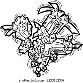 Gift box with bow, hand drawn illustration. Cartoon style vector drawing. Decorative element for poster print, Christmas party, birthday, wedding celebration, anniversary event, sale discount.