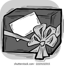 Caja de regalo con arco, ilustración dibujada a mano. Dibujo vectorial de estilo de dibujos animados. Elemento decorativo para la impresión de afiches, fiesta de Navidad, cumpleaños, celebración de bodas, evento de aniversario, descuento de venta.