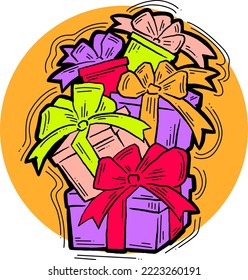 Geschenkbox mit Schleife, handgezeichnet Illustration. Cartoon-artige Vektorgrafik. Dekorative Elemente für Plakatdruck, Weihnachtsfeier, Geburtstag, Hochzeitsfeier, Jubiläumsveranstaltung, Sale-Rabatt.