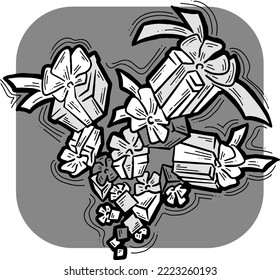 Geschenkbox mit Schleife, handgezeichnet Illustration. Cartoon-artige Vektorgrafik. Dekorative Elemente für Plakatdruck, Weihnachtsfeier, Geburtstag, Hochzeitsfeier, Jubiläumsveranstaltung, Sale-Rabatt.