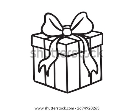Gift box with bow, hand drawn doodle, line art, monochrome, hand drawn. Vector illustration.