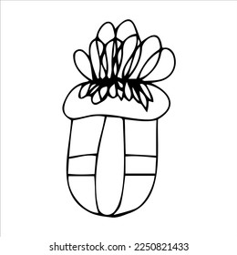 Gift box with a bow. Hand-drawn black and white vector illustration. Design, layout, template, logo, icon, sketch.