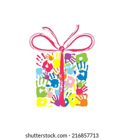 Gift box with bow of the handprints of father, mother and children