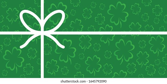 Gift box with bow. Happy Saint Patricks day St Patrick's Day 17 march Clovers Irish flag Shamrock leaves Leave four leaf clover leaves love luck lucky hojas  St paddy's day stout rugby festival pub