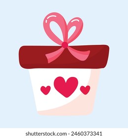 gift box with bow and heart decoration Saint Valentines present illustration on a white background.