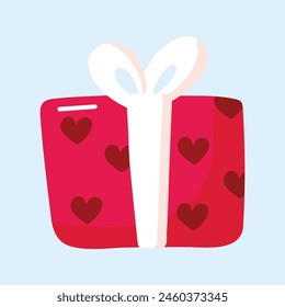 Caja de regalo con decoración de arco y corazón San Valentín presente ilustración sobre un fondo blanco.
