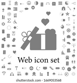 Caja de regalo con un icono de arco y corazón. iconos web conjunto universal para web y móvil