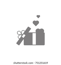 Gift box with a bow and heart icon. Simple web black icon, can be used as web element icon on white background