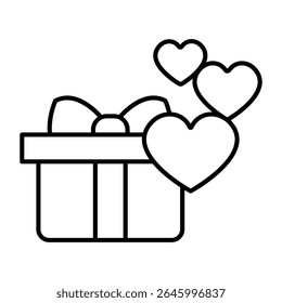 Gift box with bow and hearts thin line icon, black friday concept. Vector graphics. Favorite, best present package sign on white background, style mobile or design