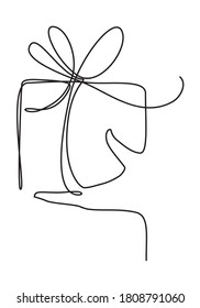 caja de regalo con arco sostenido por la mano un dibujo de línea