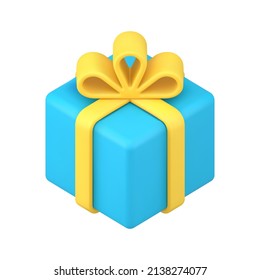 Gift box with bow for holiday congratulations 3d icon vector illustration. Present blue cardboard package for surprise isolated. Celebrate birthday, anniversary greeting container