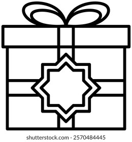Gift box with a bow and Islamic star design, symbolize Eid or festive giving. Line icon illustration. Perfect for Ramadan, Eid greetings, and cultural celebrations.