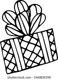Gift box with a bow isolated on a white background. Vector illustration drawn by hand. Holiday, gift, surprise.