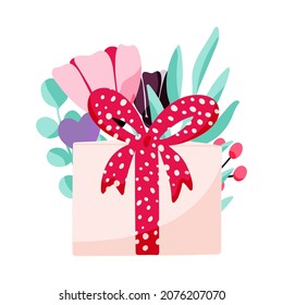 Gift box with bow isolated on floral background. Festive concept with a present. Vector hand drawn illustration