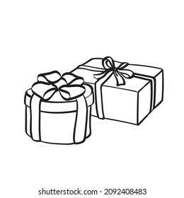 Gift box with a bow, isolated on a white background , vector drawing on a white background. The illustration is simple. Linear style. Contour. Black and white