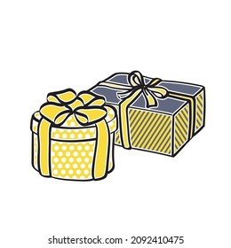 Gift box and bow  isolated white background  vector drawing  The illustration is simple  Flat style  Black outline  Yellow pattern  Blue stripes 