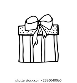Gift box with bow, isolated on white background. Vector doodle illustration of New Year's gift. Black and white hand-drawn illustration.